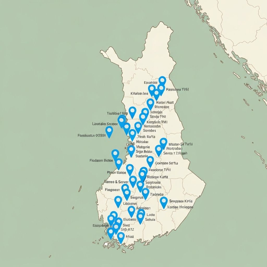 Suomen kartta, jossa näkyvät palvelinten sijainnit